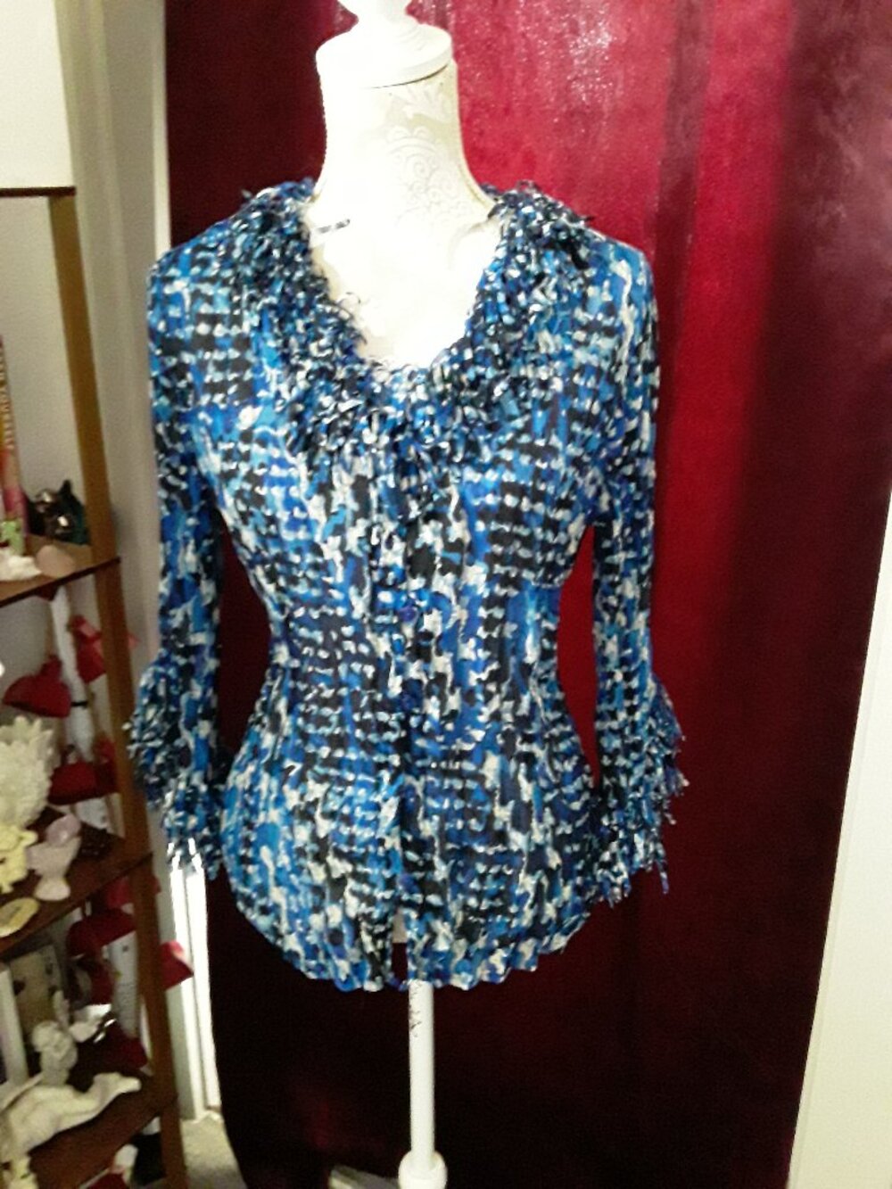 Agora blue, yellow, cream and black fringed collar and sleeve top size S